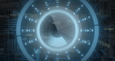 Image of round scanner and multiple changing numbers against microprocessor connections