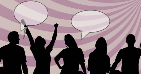 Image of supporters silhouettes with speech bubbles over shapes on pink background