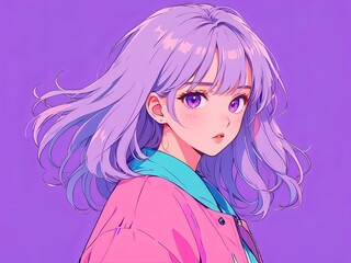 Anime girl on purple background, pastel colors, Lo-fi style art, Woman with open hairs bangs