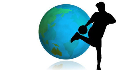 Image of football player silhouettes over globe on white background