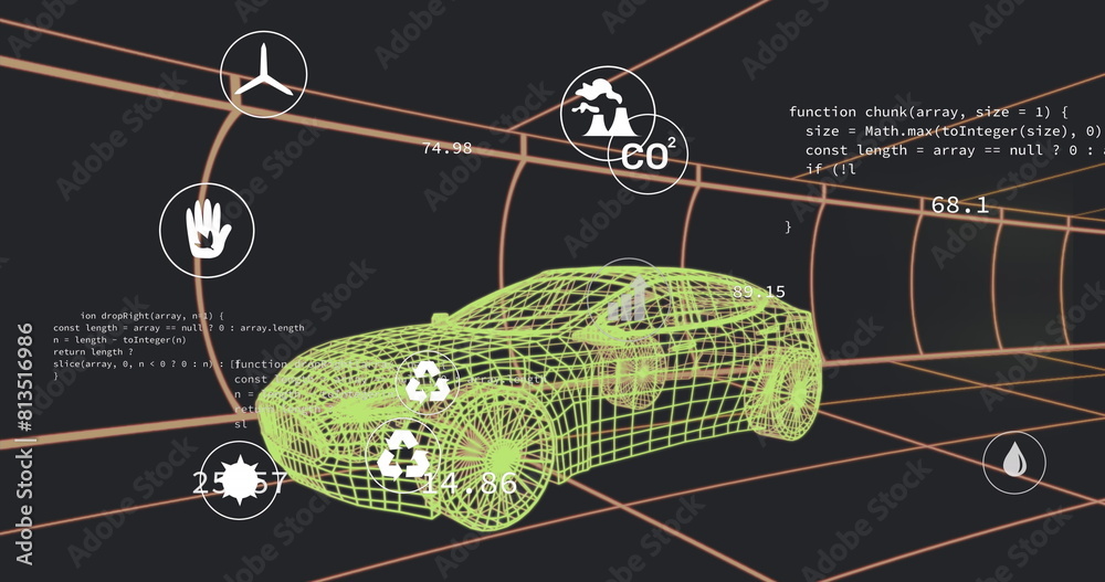 Poster image of multiple digital icons over 3d car model moving in seamless pattern in a tunnel