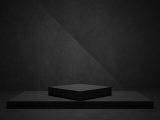3D black podium. Dark concrete room background.