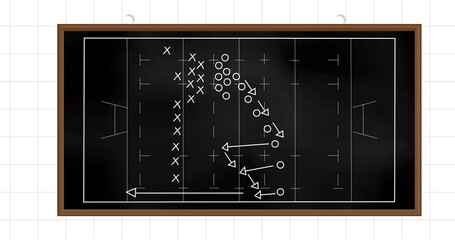 Image of football game strategy on black chalkboard against squared lined paper background
