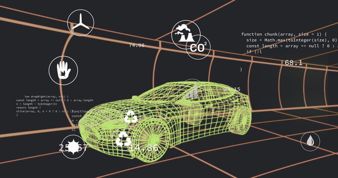 Image of multiple digital icons over 3d car model moving in seamless pattern in a tunnel