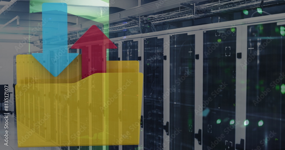 Poster image of financial data processing with folder icon over computer servers