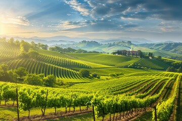 Fototapeta premium A beautiful vineyard with a house in the distance