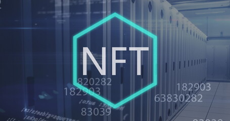 Image of financial data processing with nft text over computer servers