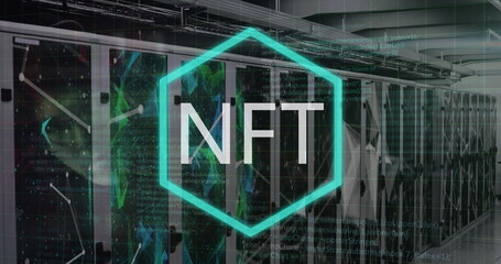 Image of nft text, data processing over computer servers