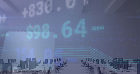 Image of financial data processing over office desks with computers