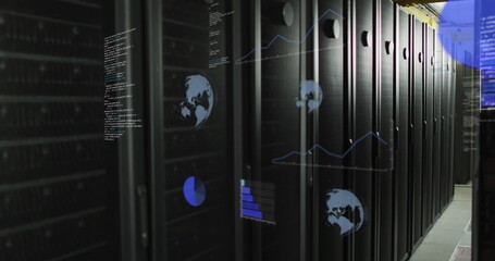 Image of globes and data processing over server room