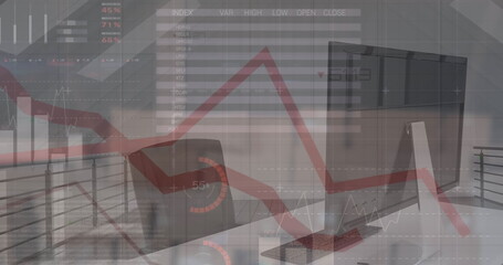 Image of financial data processing over office desk with computer