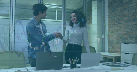 Image of statistical data processing over diverse man and woman discussing over laptop at office