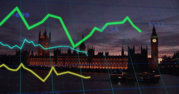 Image of financial data processing with lines over london cityscape - Powered by Adobe
