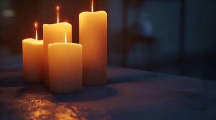 Set of Pillar Candles with Flames Illuminated

