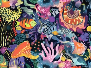 Naklejka premium A colorful underwater scene with fish, coral, and other sea creatures