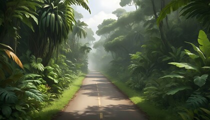 A jungle road bordered by thick foliage and exotic