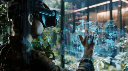 A man is wearing a virtual reality headset and touching a screen