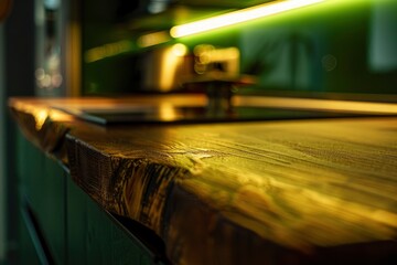 A wooden counter top with a light shining on it