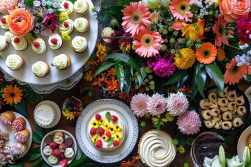 A table is covered with a variety of desserts and flowers