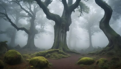 A misty forest with ancient trees