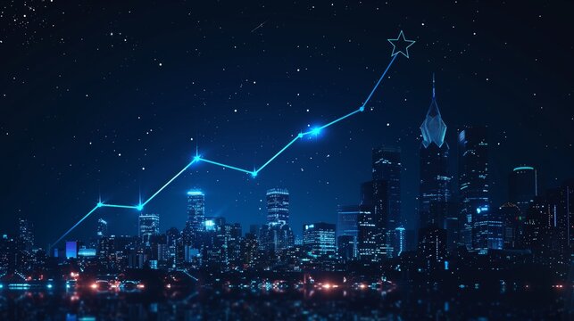 Rising Star Over City Skyline With Glowing Path Of Success In Night Sky Symbolizing Ambition Progress Growth Dreams And Achievement