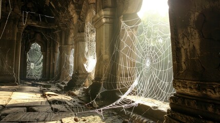 A spider web is seen in the middle of a large, empty room