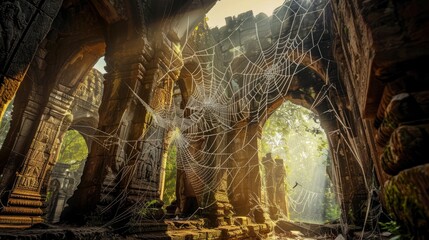 A spider web is seen in a dark, old building with a lot of sunlight coming in