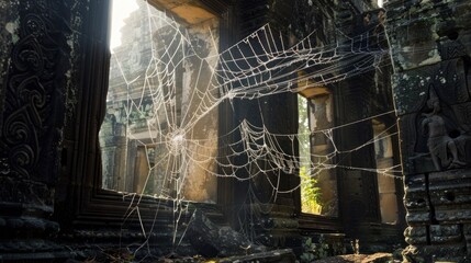 A spider web is seen in a dark room with a window