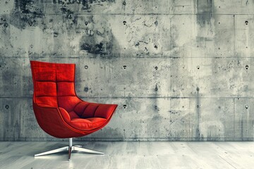 A red chair sits in front of a wall