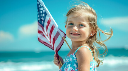 child on the beach with American flag at Memorial Day