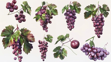 Set of Ripe Grapes with Leaves Cut Out 8K

