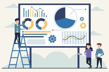 Businessman and businesswoman standing on ladder near whiteboard with infographics. Teamwork and brainstorming concept. Vector illustration in flat style