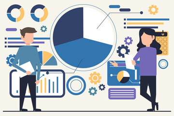 Flat design illustration of business people working with charts and graphs. Teamwork concept