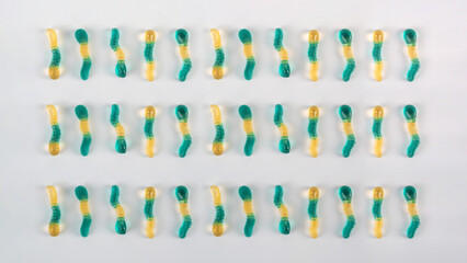 Fruit flavored worm shape, jelly candies. Isolated on white background.