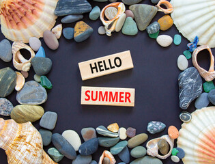 Hello summer symbol. Concept words Hello summer on beautiful wooden block. Sea shell and sea stone. Beautiful black paper background. Business lifestyle Hello summer concept. Copy space.