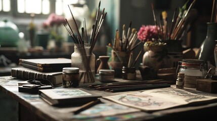 A still life composition of various art supplies arranged on a table, including sketchbooks, pencils, and jars of paintbrushes,  meticulous attention to detail and soft, diffused lighting to evoke - Powered by Adobe