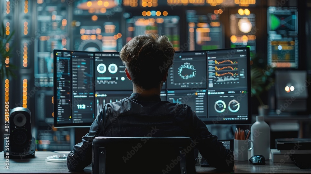 Aufkleber A guy sitting at his desk looking at big monitor analyzing different statistics shown on the screen. Generative AI.