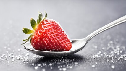 Ripe strawberry on silver spoon witu sugar - Powered by Adobe