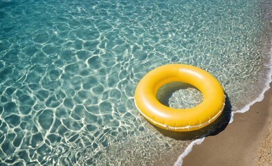 Naklejka premium Yellow inflatable ring floating in clear water