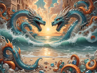 Obraz premium Summer Themed mythological beach landscape background illustration, Generative AI