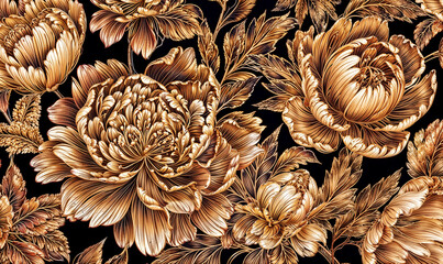 Seamless golden peonies and leaves pattern, fantasy floral wallpaper. Generative ai