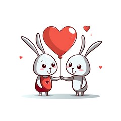 Two stick-figure rabbits exchanging heart-shaped valentine cards.