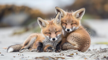 Naklejka premium Two Red Fox Cubs Resting on Sand