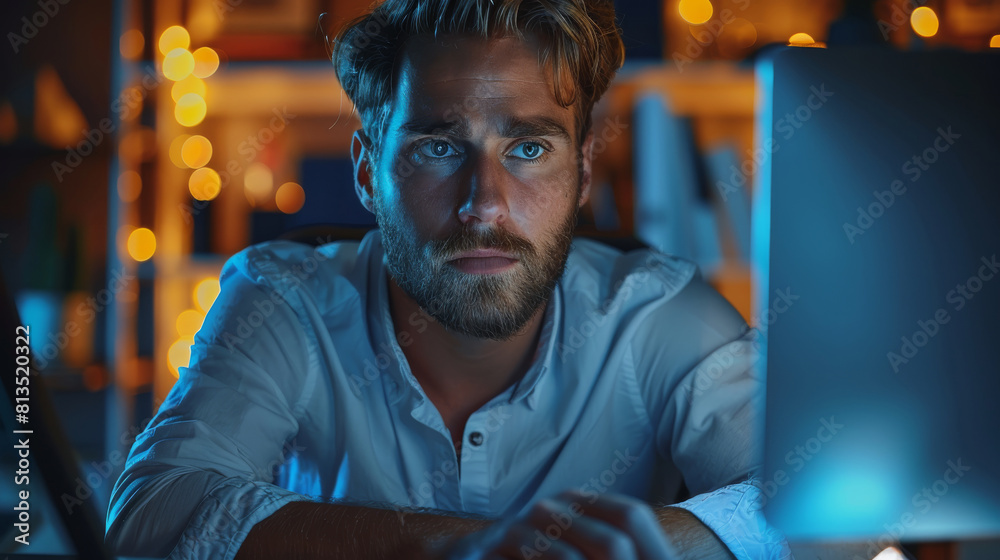 Aufkleber staying late to get it done. a young businessman looking at the computer at his desk during a late n