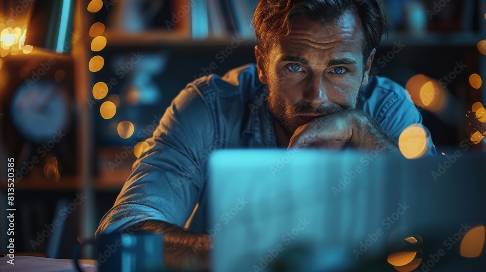 Aufkleber staying late to get it done. a young businessman looking at the computer at his desk during a late n