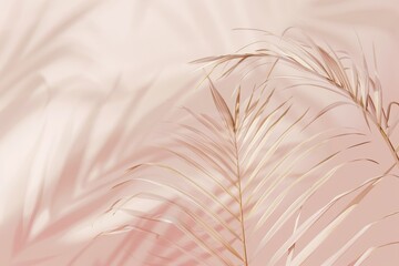 A soft pink background with two palm leaves on the right side, creating an elegant and minimalist aesthetic for wedding branding materials or graphic designs. white wall with palm leaves
