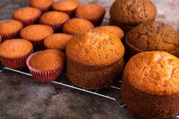 Small freshly baked cakes and cupcakes. Pastry table.