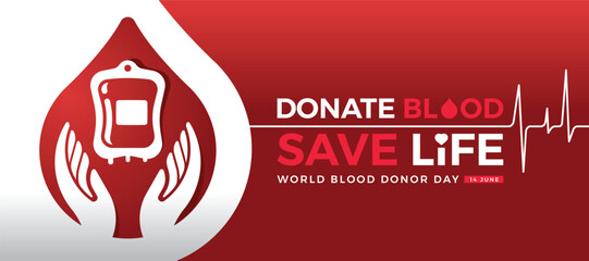 World donor blood day, Donate blood save life - Hands hold care blood bag in red drop blood symbol on white red background with line rhythm wave vector design