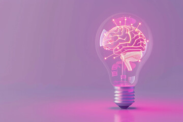 A sleek, 3D light bulb with neon brain circuits, floating on a pastel lavender background, embodying advanced thinking 