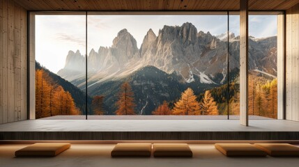 Fototapeta premium Modern residential, hotel, and homestay interior spaces：autumn in the mountains